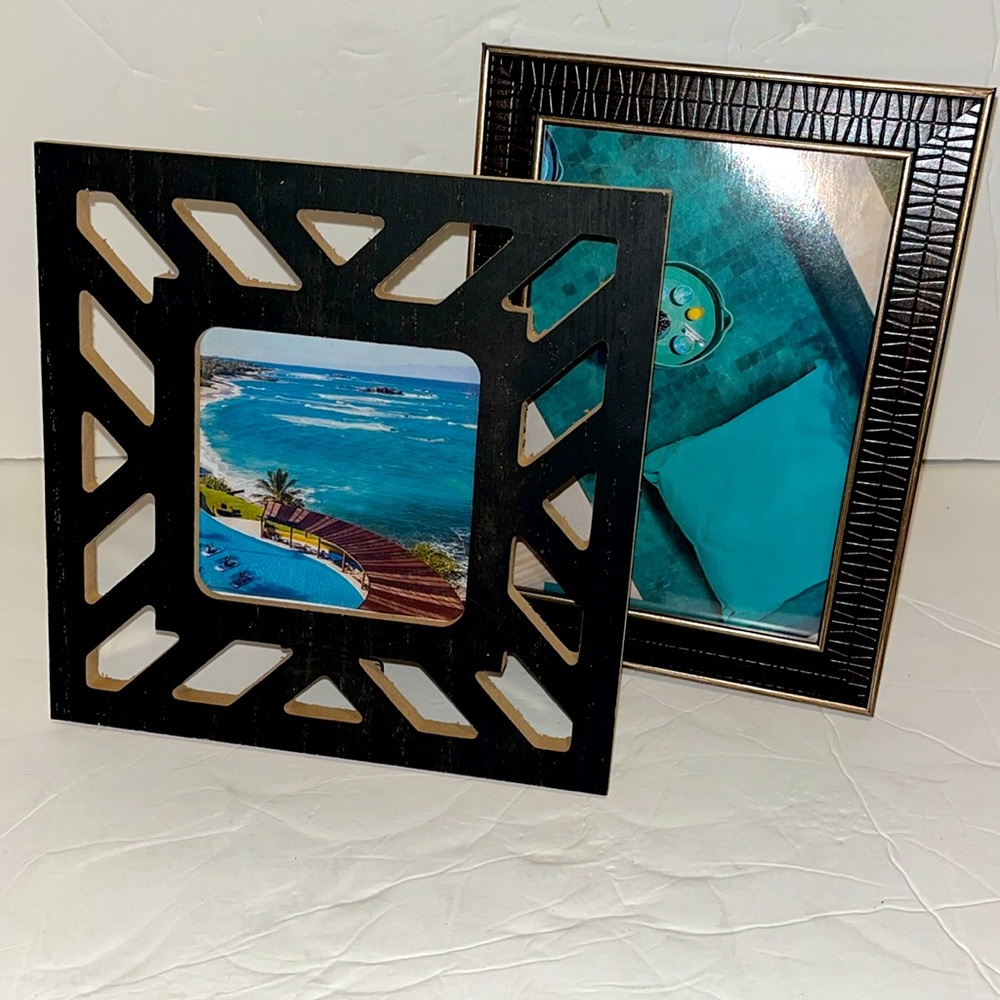 NWT set of 2 black &brown wood/leather look frames w/ aqua magazine art prints